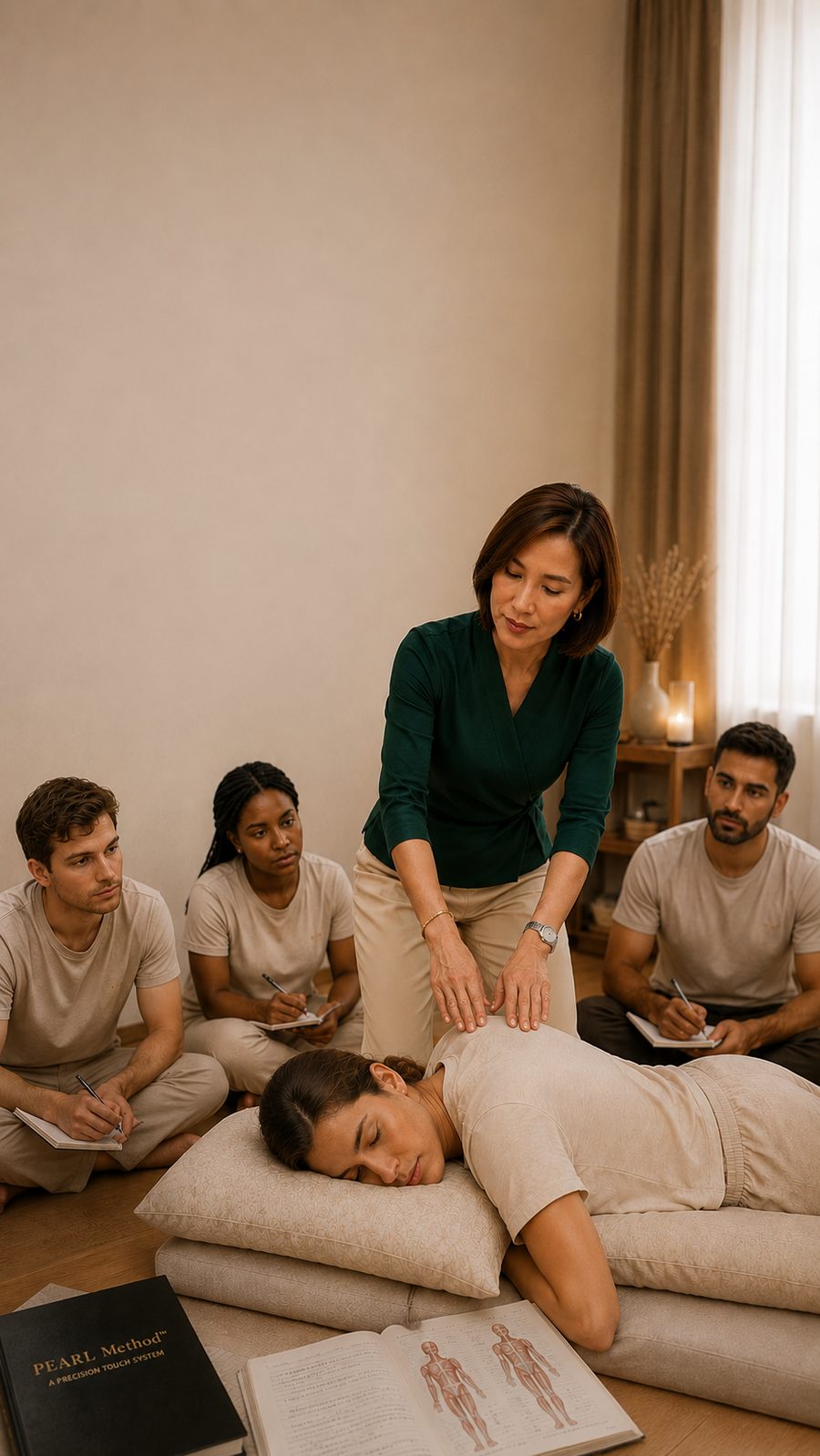 Pearl demonstrating technique to a group of practitioners